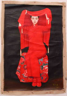 Oil Painting Depicting Chinese Red Dress Bride: 王沂東 無畫框 帆布油畫 中國新娘 Oil Painting Depicting Chinese Red Dress Bride Scenery Wang Yidong 1955-Dimension: 9