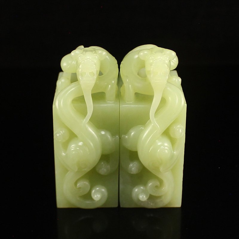 A Pair Chinese Natural Hetian Jade Chi Dragon Seals (1 of 10)