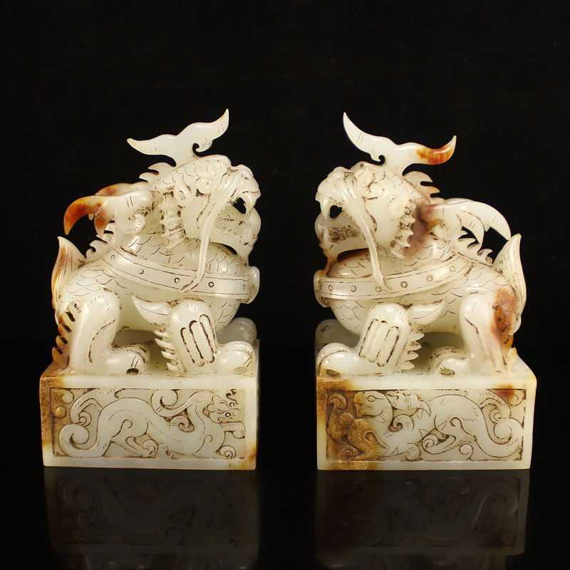 A Pair Vintage Chinese Han Dy Hetian Jade Kylin Seals (1 of 10)