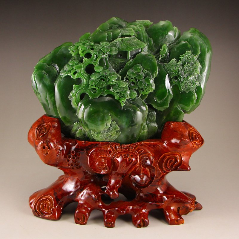 Chinese Green Hetian Jade Statue - Old Man & Pine Tree (1 of 7)