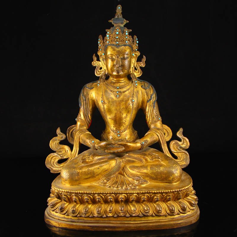 Chinese Tibet Gilt Gold Red Copper Kwan-yin Statue (1 of 10)