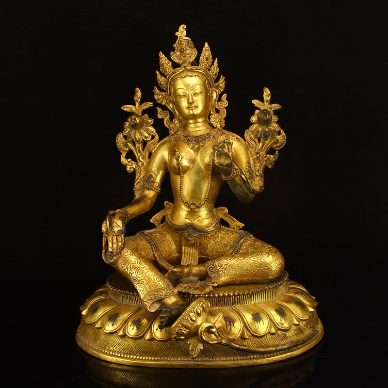 Chinese Ming Dynasty Gilt Gold Bronze Green Tara Statue (1 of 8)