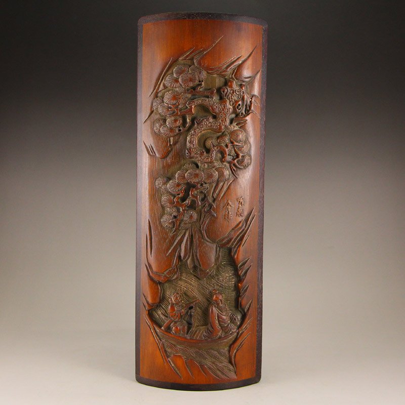 Vintage Chinese Bamboo Arm Rest w Sages & Pine Tree (1 of 7)