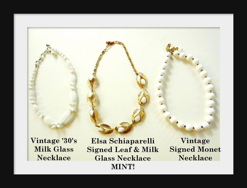 Signed SCHIAPARELLI Leaf Necklace MINT, Milkglass &: Signed SCHIAPARELLI Leaf Necklace MINT, Milkglass & Monet Vintage Costume Jewelry
