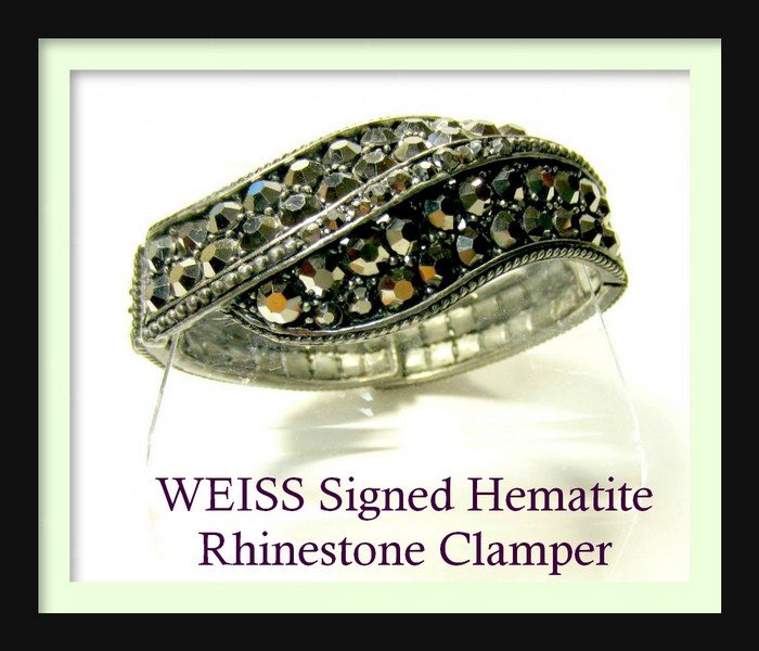Weiss Rhinestone Clamper Vintage Costume Jewelry: Weiss Signed Hematite Rhinestone Clamper. Vintage Costume Jewelry