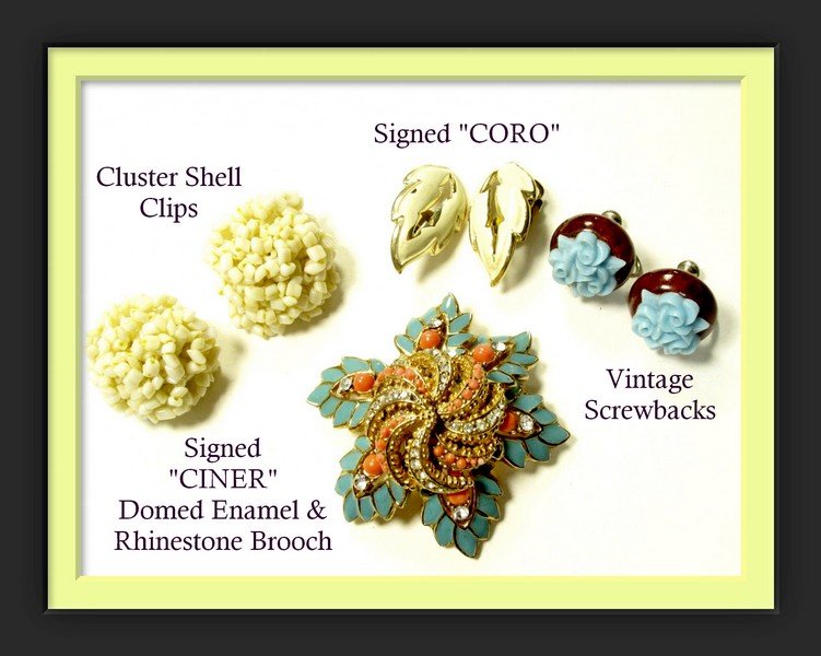 Signed CINER Rhinestone & Enamel Brooch, CORO Earrings: Signed CINER Rhinestone & Enamel Brooch, CORO Earrings LOT