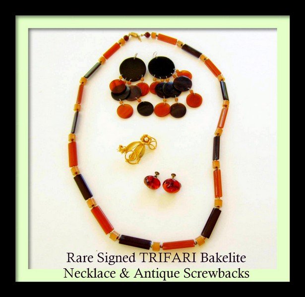 TRIFARI Signed BAKELITE Necklace, Amber Screwbacks LOT: TRIFARI Signed BAKELITE Necklace, Amber Screwbacks LOT