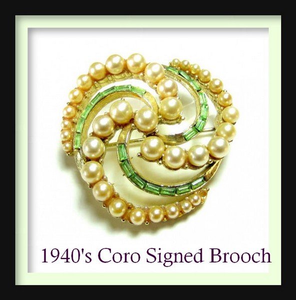 1940's CORO signed Pearl & Rhinestone 3"in Brooch: 1940's CORO signed Pearl & Rhinestone 3"in Brooch