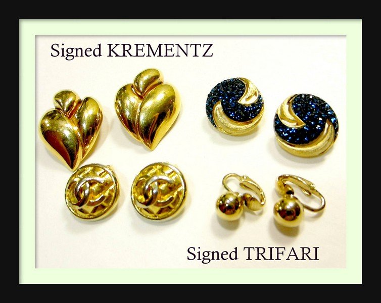 Signed TRIFARI & KREMENTZ 4 pair Gold/Rhinestone: Signed TRIFARI & KREMENTZ 4 pair Gold/Rhinestone Earrings