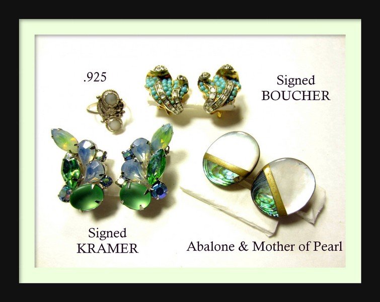 Signed BOUCHER & KRAMER Rhinestone Earrings .925 Ring: Signed BOUCHER & KRAMER Rhinestone Earrings .925 Ring LOT