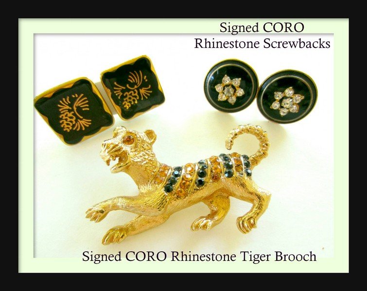 Signed CORO Vintage Rhinestone Tiger Pin, CORO Earring: Signed CORO Vintage Rhinestone Tiger Pin, CORO Earring LOT