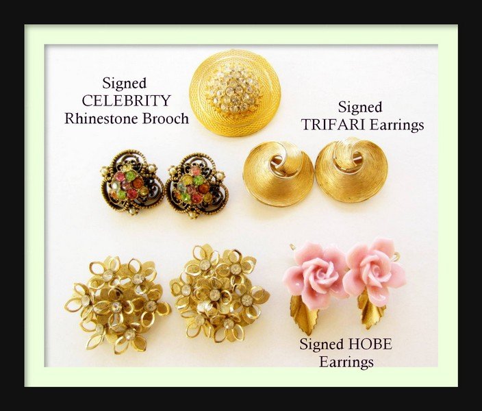 Signed CELEBRITY Rhinestone Brooch, TRIFARI & HOBE LOT: Signed CELEBRITY Rhinestone Brooch, TRIFARI & HOBE LOT