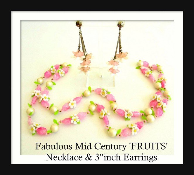 Mid Century FRUITS Necklace Early Plastics 3" Dangles: Mid Century FRUITS Necklace Early Plastics 3" Dangles LOT