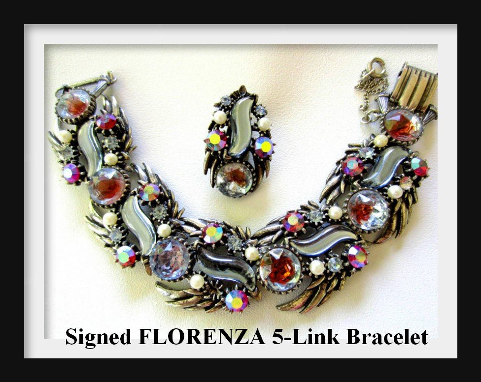 Signed FLORENZA Moonglow & AB Rhinestone 5-Link: Signed FLORENZA Moonglow & AB Rhinestone 5-Link Bracelet. There is only one earring and it is included for replacement stone use.