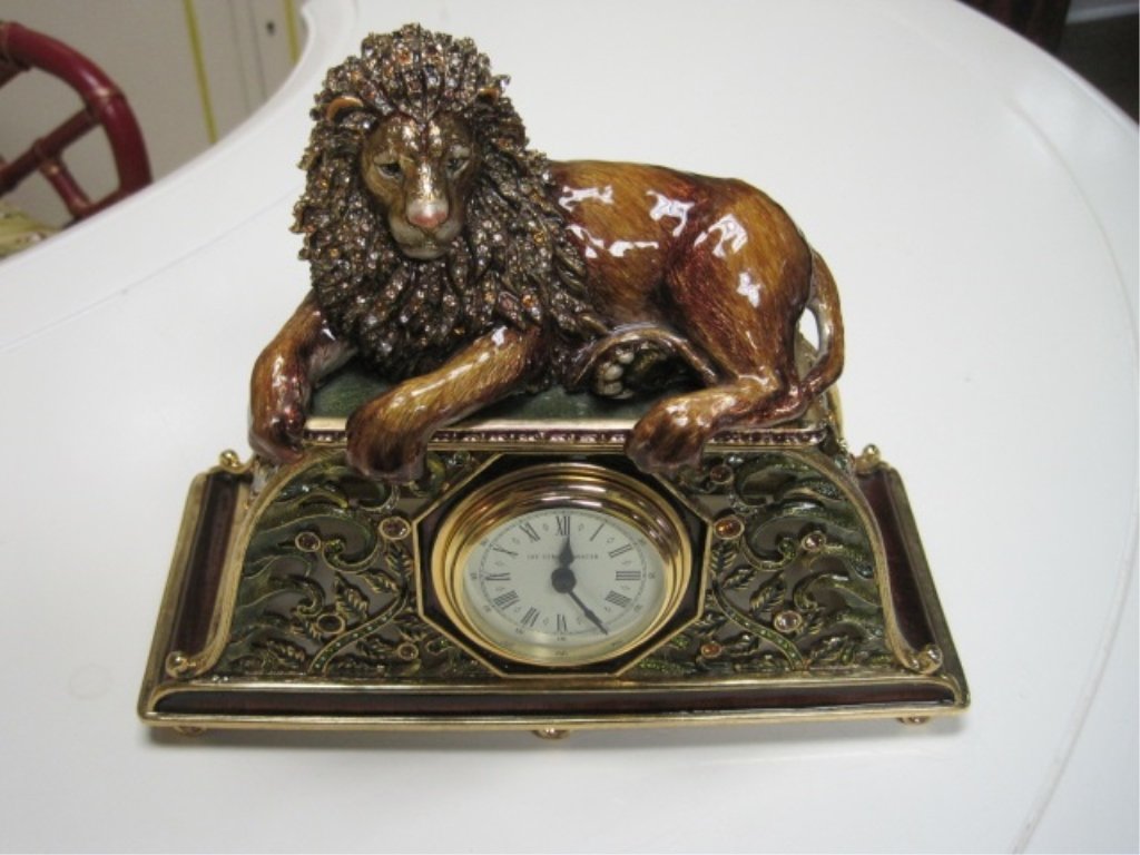 Jay Strongwater Lion Mantel Clock Swarovski: Jay Strongwater Lion Mantel Clock, Swarovski crystals, 4" deep x 9 1/2 tall x 7 3/8" wide. Retail: $3,200.