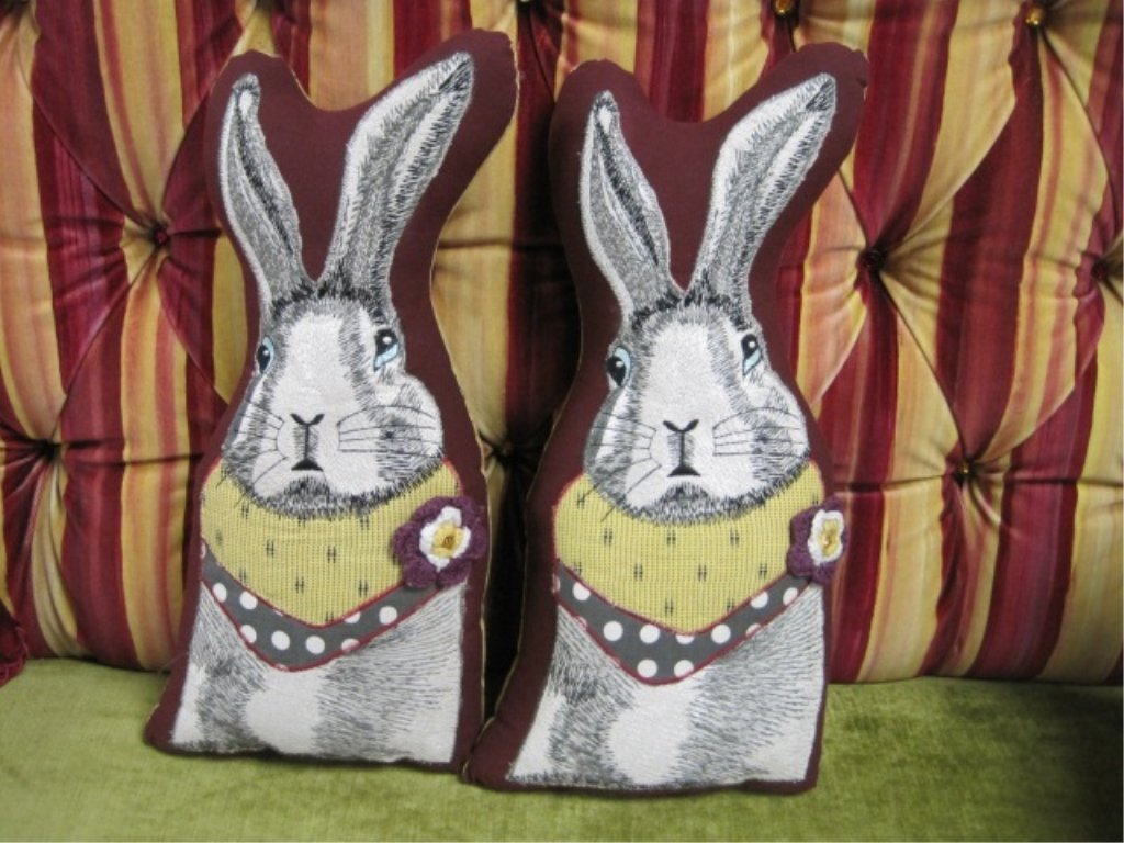 MacKenzie-Childs Rabbit w/ Kerchief Pillows: Pair of whimsical rabbit with kerchief pillows. MKC from the Complements line. $95 Each.