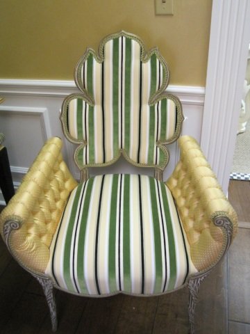 Antique Spanish Leaf-Back Chair: Restored and reupholstered with dotted yellow silk and Robert Allen striped fabric. Silk button tufting on the inside of the arms. Frame is pickled oak. $2,500.