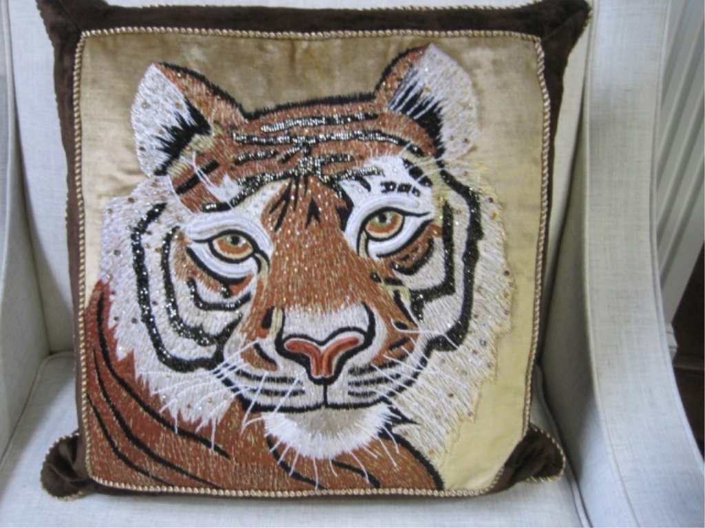Jay Strongwater Tiger Pillow: Hand embroidered in silk and embellished with beads and Swarovski crystals. Neiman Marcus exclusive. 18" square. Retail: $895.