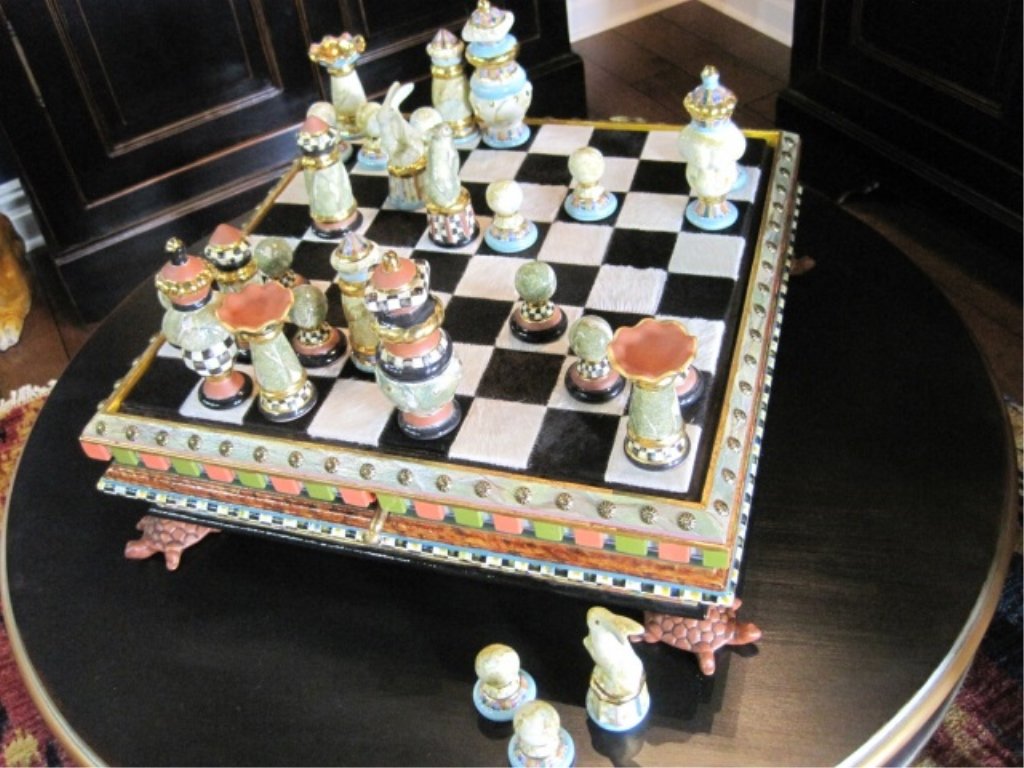 MacKenzie-Childs Ceramic Chess Set: $7,750.Approximately only 30 of these chess sets were made. 21" square x 6.35" tall. Any lover of chess will delight in these hand crafted pieces made from elaborate clay forming production. Pieces st