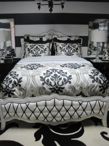 Haute House Queen Tufted Bed w/ Mattress & Coverin: Gorgeous Monique upholstered queen-size bed frame with black and white tufted details, comes with queen mattress and box spring. Horchow queen comforter set, including queen black coverlet, striped Eu
