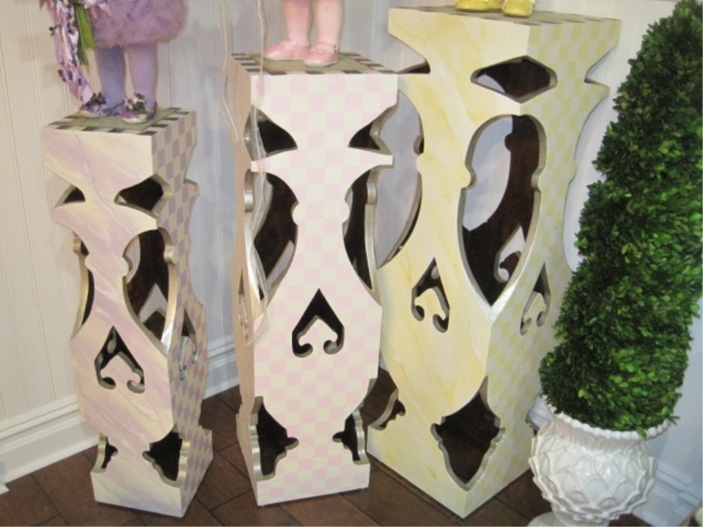 Set of 3 Decorative Stands: Yellow, pink, and orchid checked designs. Highlighted with silver trim. Custom painted by Heather Bruno-Sears. 48" high, 43" high, and 39" high. Do not come with the bears. Set of 3 stands only.