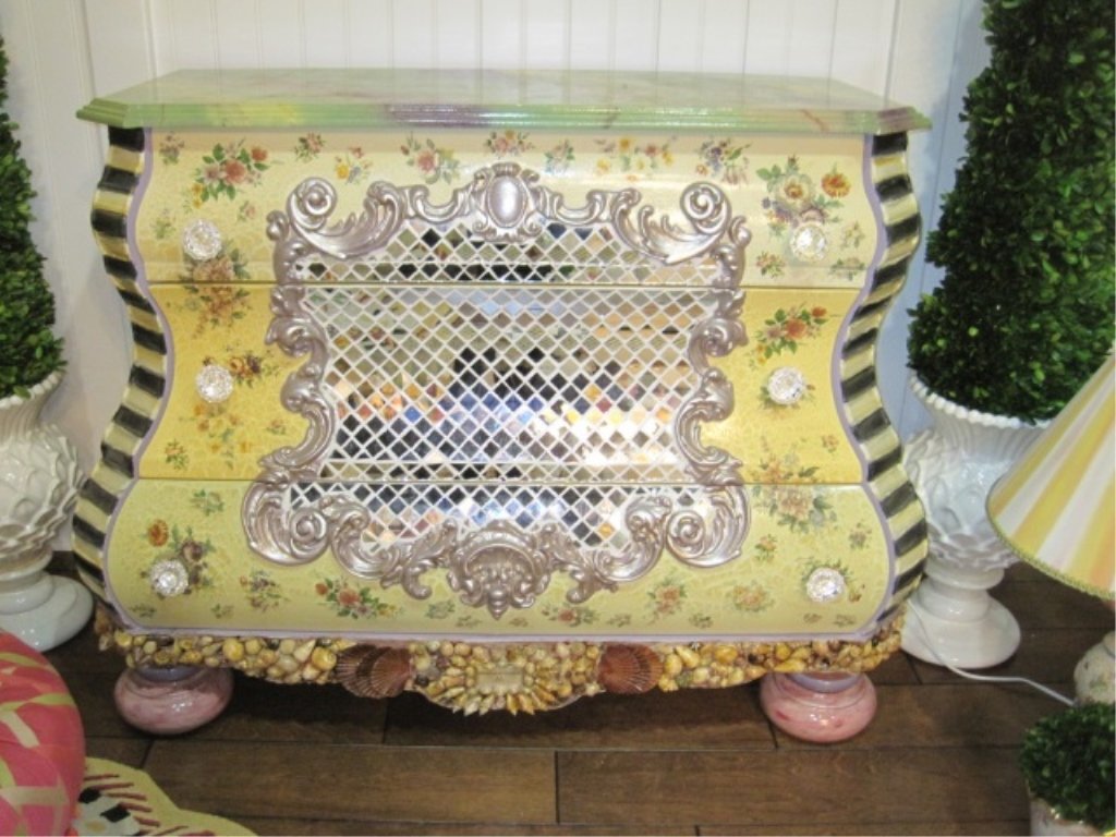 MacKenzie-Childs Belvedere Bombay Chest: Classic Richard and Victoria. No longer in production. Poplar, handpainted faux marble, florals, crackle lacquer, ornamental composition molding with faux antique metallic finish, mirrored mosaic, tex