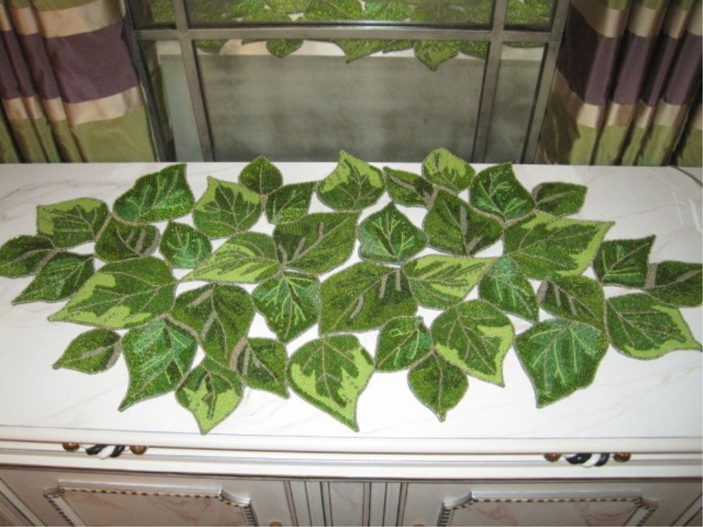 Set of 3 Kim Seybert Beaded Leaf Table Runners: Gorgeous, heavily beaded leaf design decorative table runners by Kim Seybert. From Neiman Marcus. 17.25" wide x 43" long. Retail: $650 each.