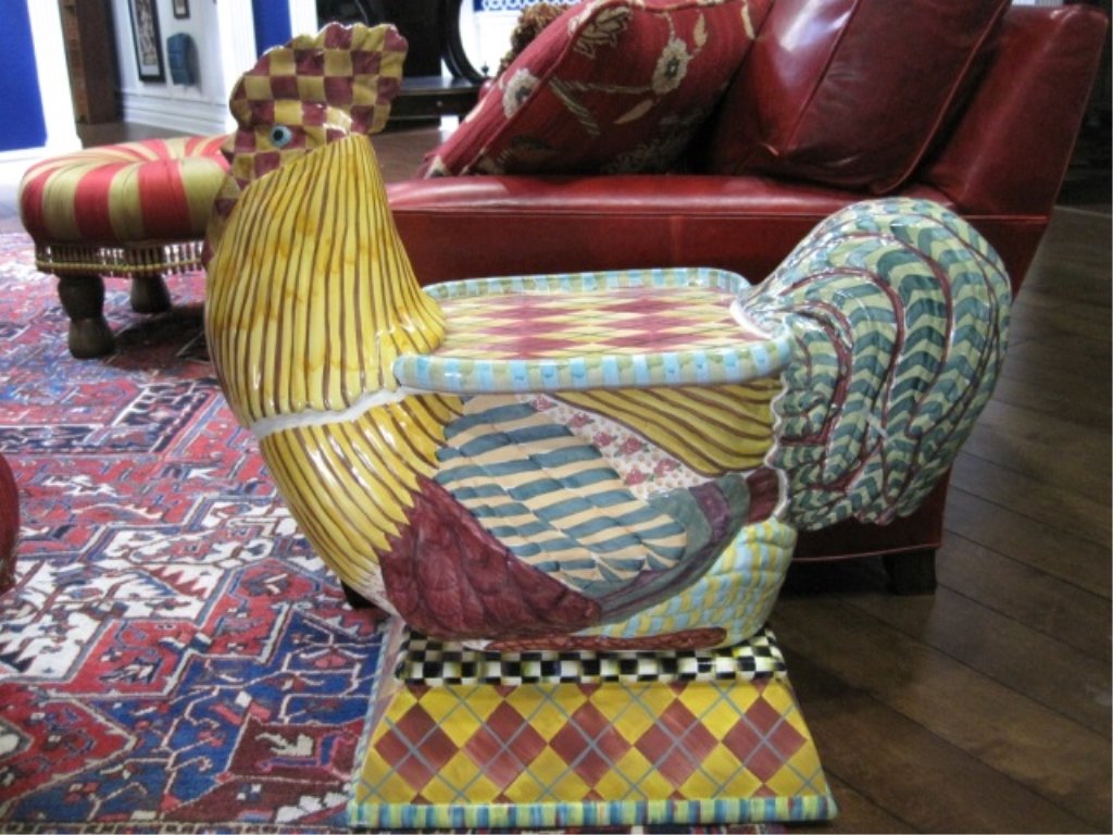 MacKenzie-Childs Ceramic Rooster Table: Side table features feathers, flowers, Courtly Check, argyle, and stripes on glazed ceramic. 16" wide x 31" long x 21" tall. Retail: $2,750.