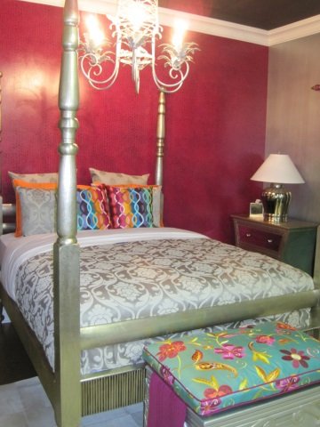 Bernhart Jolie Pewter Queen Bed: Wood frame covered in metal. Lacquered silver finish. Queen size four-poster bed frame, queen mattress and box spring, complete with all pillows, duvet, and linens. Linens from Neiman Marcus.