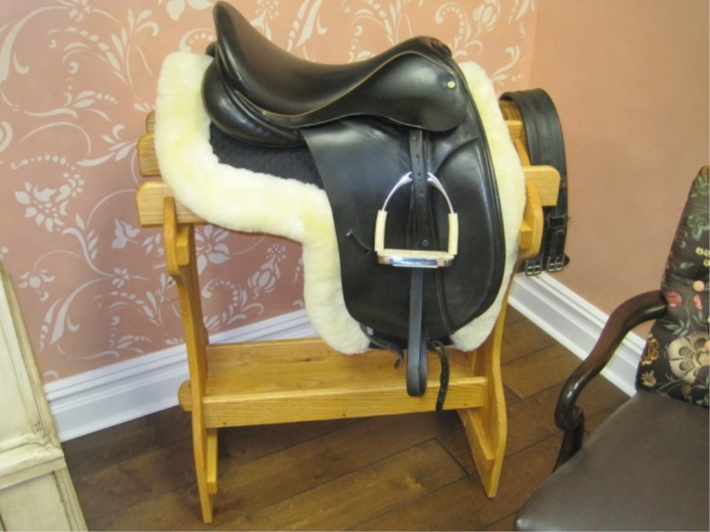Crosby Dressage Saddle ~ Numnah ~ Tack & Stand: Crosby dressage saddle, black leather. Includes Stubben leathers, Korsteel safety irons and dressage girth. Also includes rolled edge sheepskin numnah saddle pad. and various tack. Does not come with 
