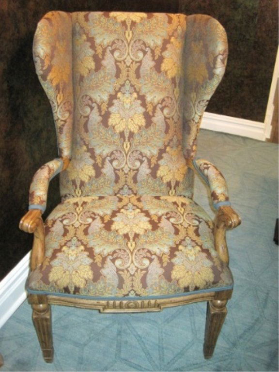 Floral Neutral Tones Upholstered Arm Chair: Jacquard wingback chair. Arts and crafts floral pattern. Silk plaid upholstered back. Matches drapes in study.