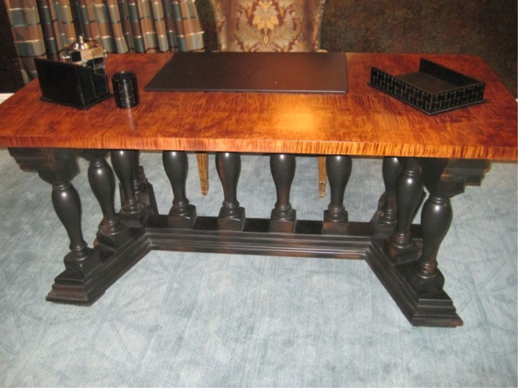 Tiger Maple Desk: Fabricated by Ron Cosser, The Craftsman. Custom design. One of a kind piece. Solid tiger maple with black stained maple trim and balusters. NO VENEER. Original Cost: $9,000. 74 1/4" x 35 1/2". 30" hig