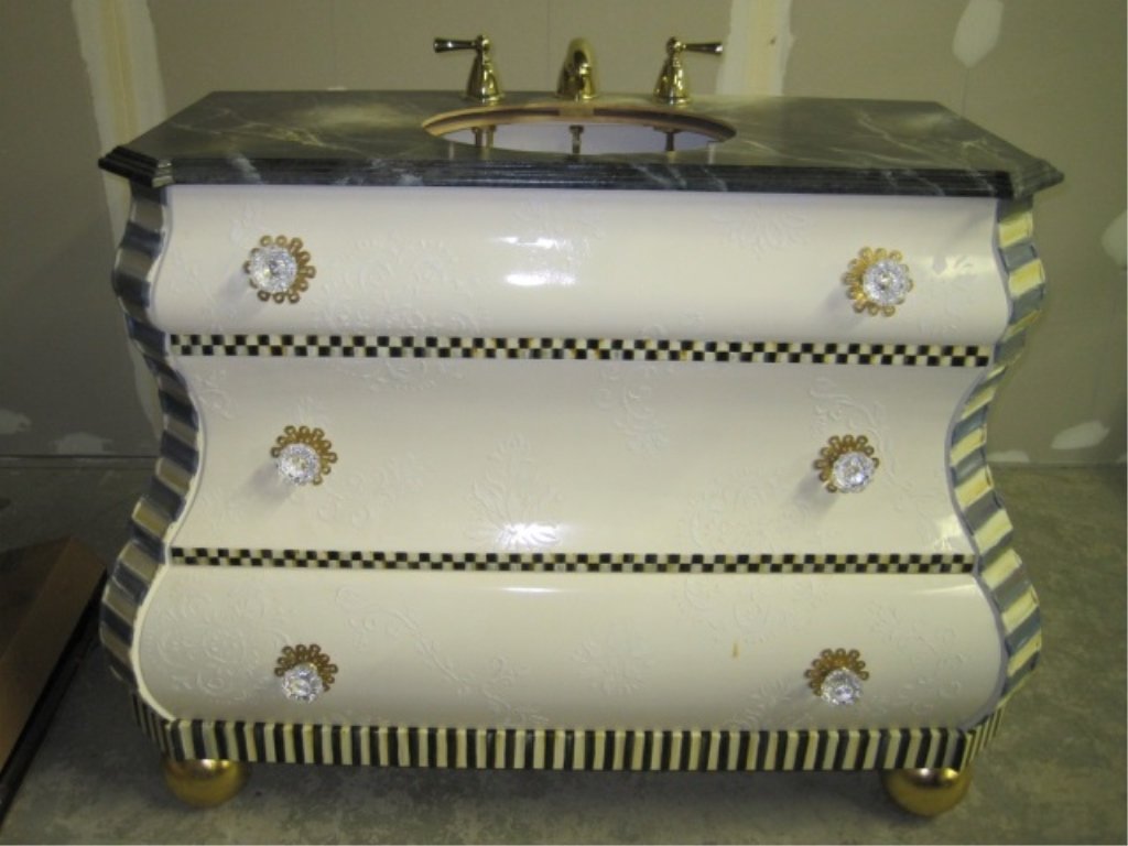 MacKenzie-Childs Converted Bombay Sink: Bossa Nova Bombay Chest converted into sink base with faucets. 22" deep x 50" wide x 36" tall. One of a kind piece! $2,900.