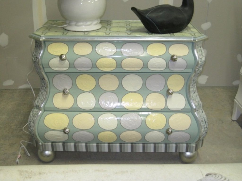 MacKenzie-Childs "Shore" Large Bombay Chest: Beautiful Circle Design. No Longer in Production. 50" wide x 22" deep x 36" tall. $3,750.