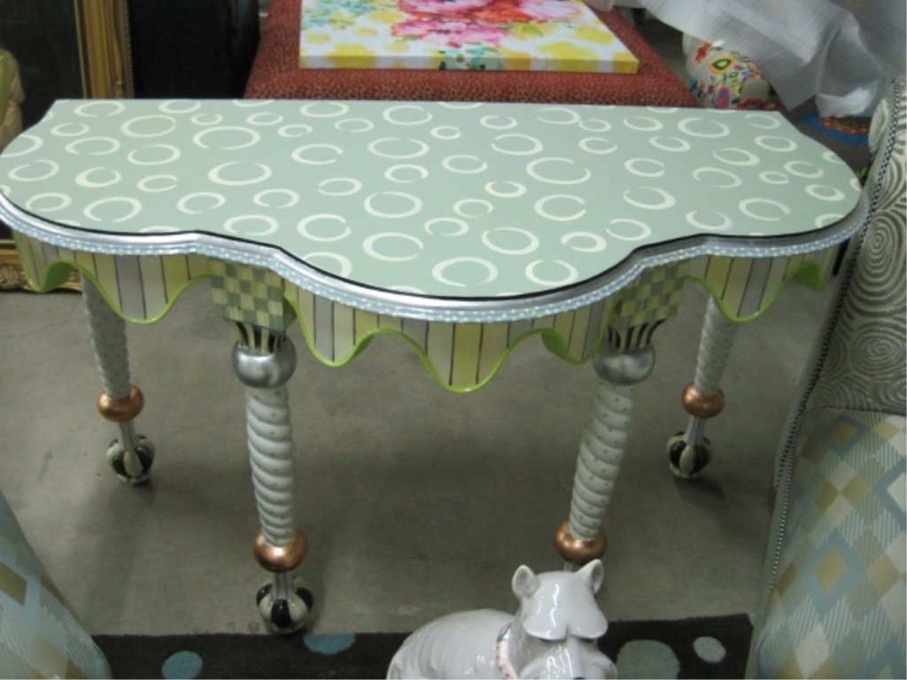MacKenzie-Childs Shore Demilune Table: Coordinates with Large Bombay Chest. 53" wide x 23" deep x 32" tall. $2,900.