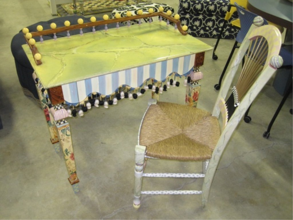 MacKenzie-Childs Marble Writing Desk: Desk comes with rush seat chair. Table: 36" wide x 20 1/2" deep x 30" tall.