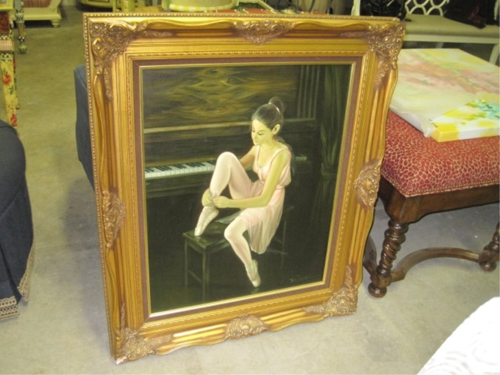 Gold Framed Ballerina Painting on Canvas: Sitting on Piano Bench. Beautiful. 34" wide x 40 1/2" tall.