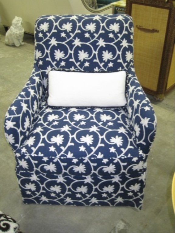 Harden Crewel Upholstered Arm Chair: Deep Blue with White Crewel Embroidery. Coordinates with Loveseat in Family Room. 29" deep x 38 1/2" tall. $3,400.