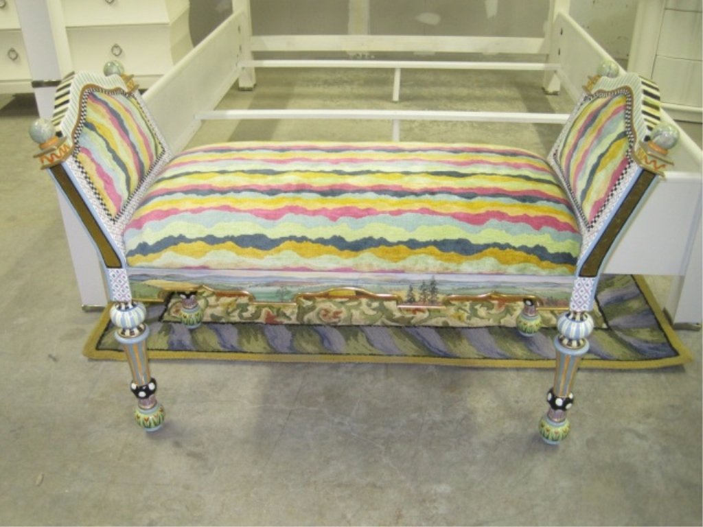 MacKenzie-Childs Suitcase Bench: No Longer in Production. Lakeside landscape mural and all of the colors of an aurora sunset. 45" wide x 18" deep x 28 1/2" tall.