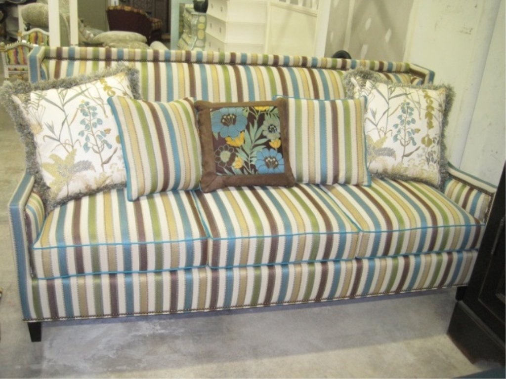 Harden Striped Upholstered Modern Couch w/ Pillows: Striped Front and Leather Back. 84 1/4" long x 40" deep. Gorgeous couch comes with pillow accessories. $4,500.