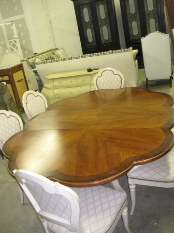 Hickory-White Scalloped Top Dining Table: Table 80" x 60" with Leaf. $6,000.