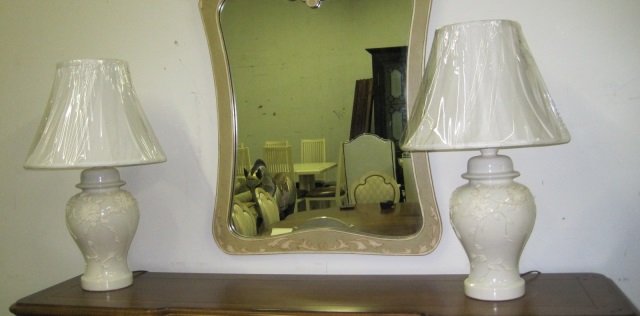 Vintage Pair Ceramic Table Lamps w/ Shades: 28" tall. Rewired by Robbins Rarities. $600.