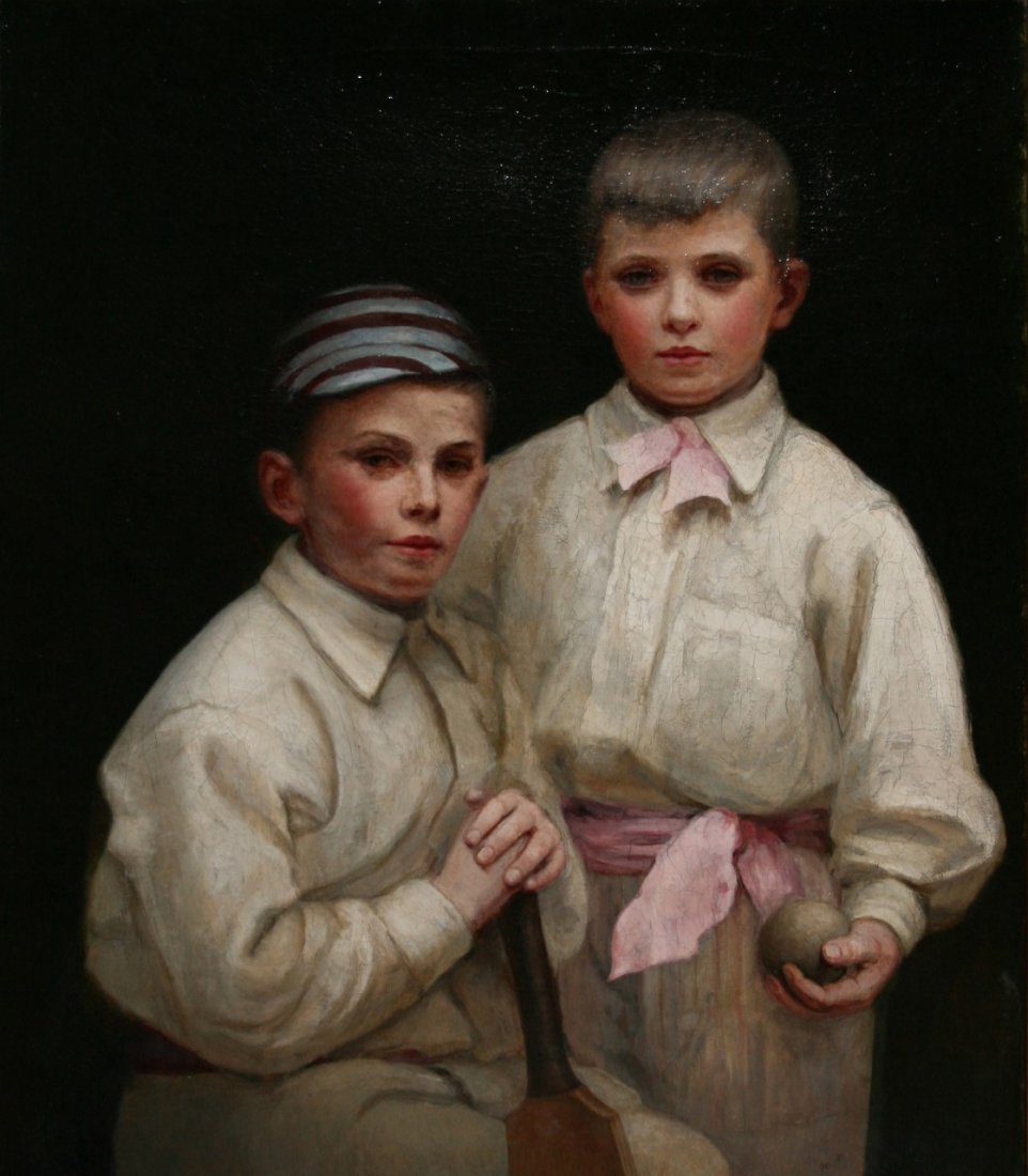 Portrait of two young boys in cricketing attire: Attributed to Henry Scott Tuke. Large oil on canvas of two young boys in cricket outfits. One seated holding a bat the other standing. Some restoration to bottom of picture. Framed. Approx 24" x 30" l