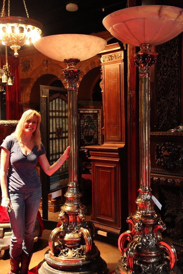 One of a Pair of Historical Size Bronze Torchier: One of a Pair of Historical Size Bronze Torchier with Alabaster tops and Marble Base 89" H x 28" D