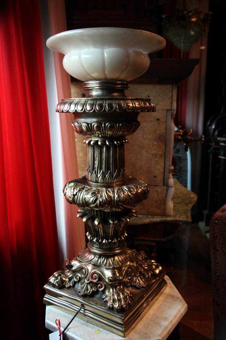 One of a Pair of Historical Casted Bronze Sconce: One of a Pair of Historical Casted Bronze Sconces with Alabaster Shades