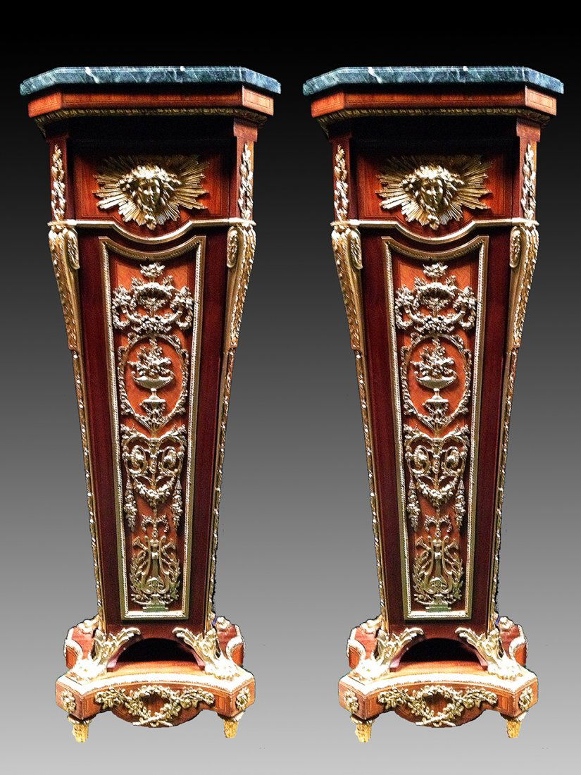 Pair of 19th Century Louis XVI Bronze Mounted Pedestals: A Very Fine Pair of Louis XVI Style Gilt-Bronze Mounted Mahogany Pedestals After the Model by Jean-Henri Riesener French,Circa 1880. Height: 145 cm / 57 inches Width: 52 cm / 20 inches Depth: 33 cm /