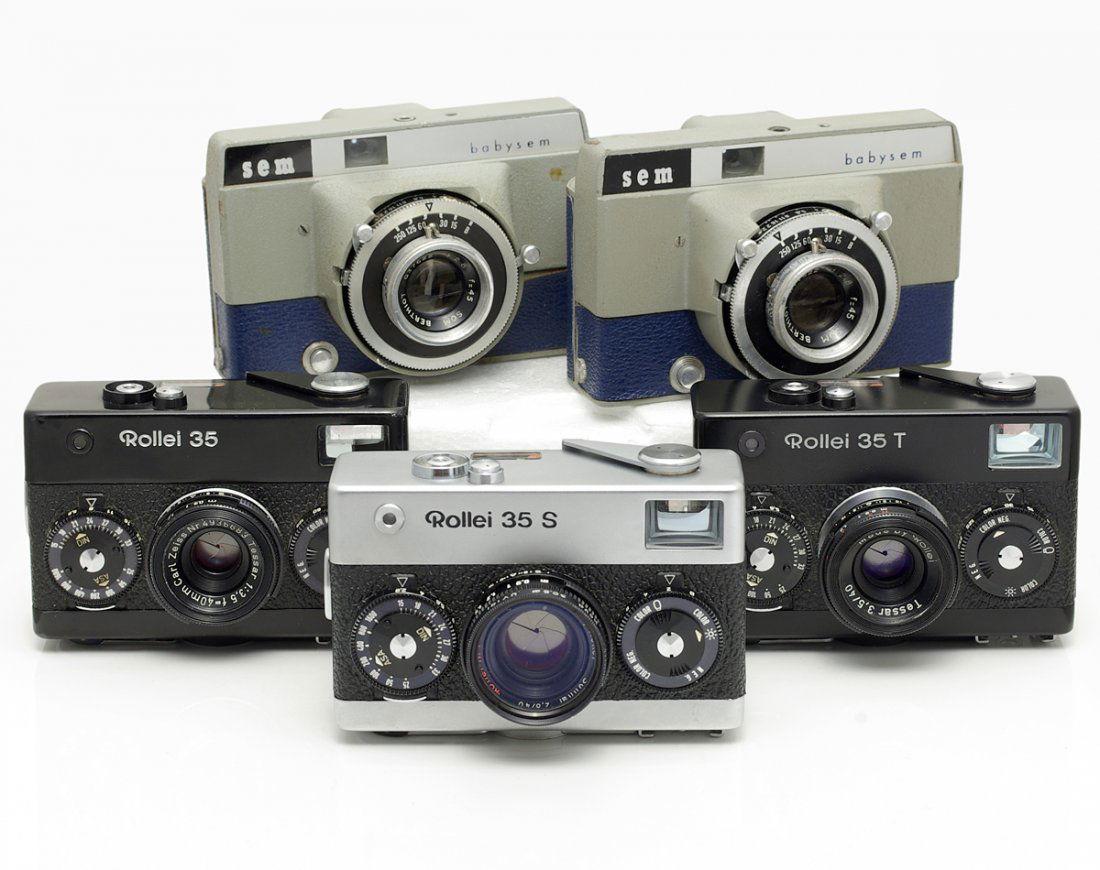 5 cameras Babysem and Rollei 35: Sem Babysem + Berthiot, Sem Babysem + Berthiot, Rollei 35 S, Rollei 35 and Rollei 35 T with Tessar 3.5/40 Condition: B Estimates: 250 - 540 EUR