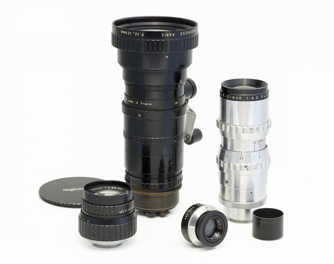 Lot of cine lenses: Angenieux, Dallmeyer, Berthiot,: Angenieux 2-2.2/12-120 f. Cameflex, Dallmeyer 1.9/25 c mount, Som Berthiot Tele Cinor 4.5/145 c mount, M25 Schneider Xenon 0.95/25mm c mount Condition: C+ Estimates: 300 - 1700 EUR