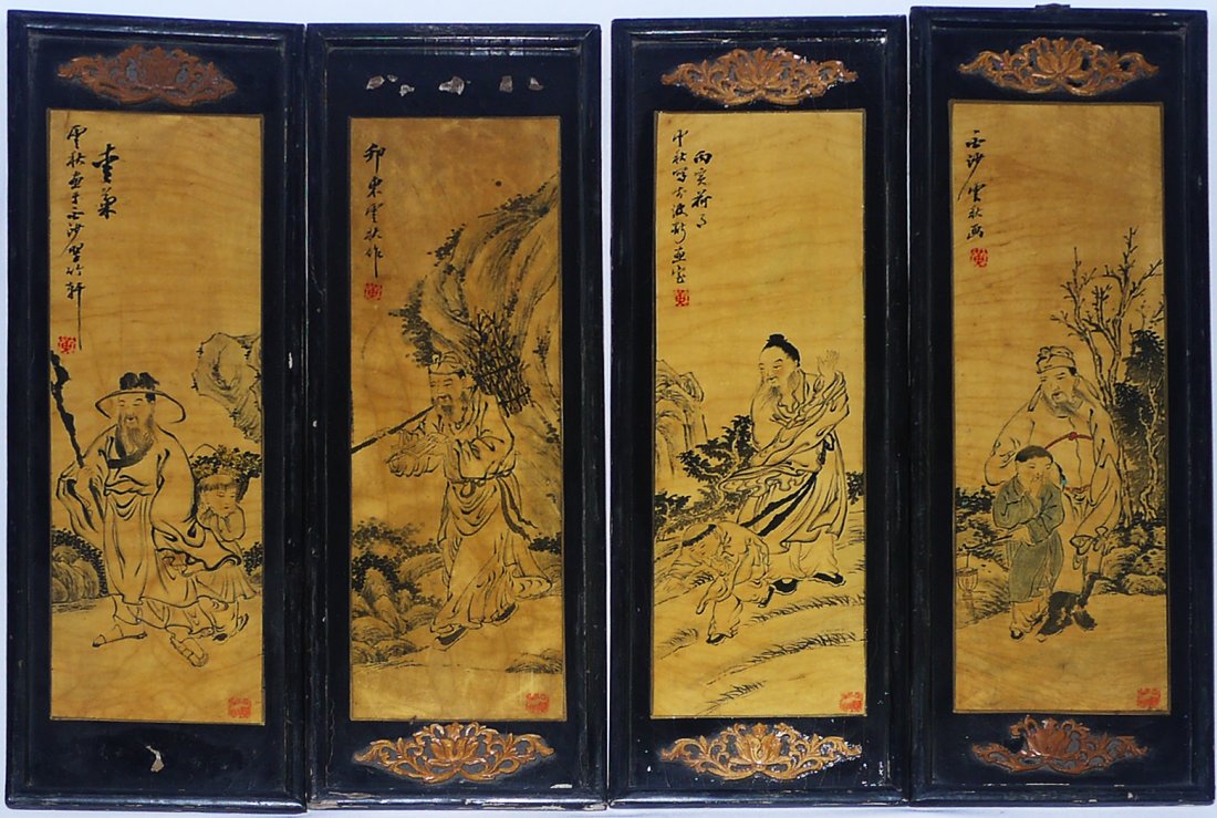 A SET OF FOUR WOODEN PANELS BY YUN QIU: depicting figures and child in a lush landscape, framed, wood panel. 53.5cm x 15.5cm.人物木版画4幅