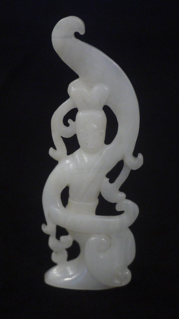 A HETIAN JADE PENDANT: a fine jade pendant, featuring dancing lady design on front and archaic designs on top and botton portion. Weight=48g.和田玉摆件